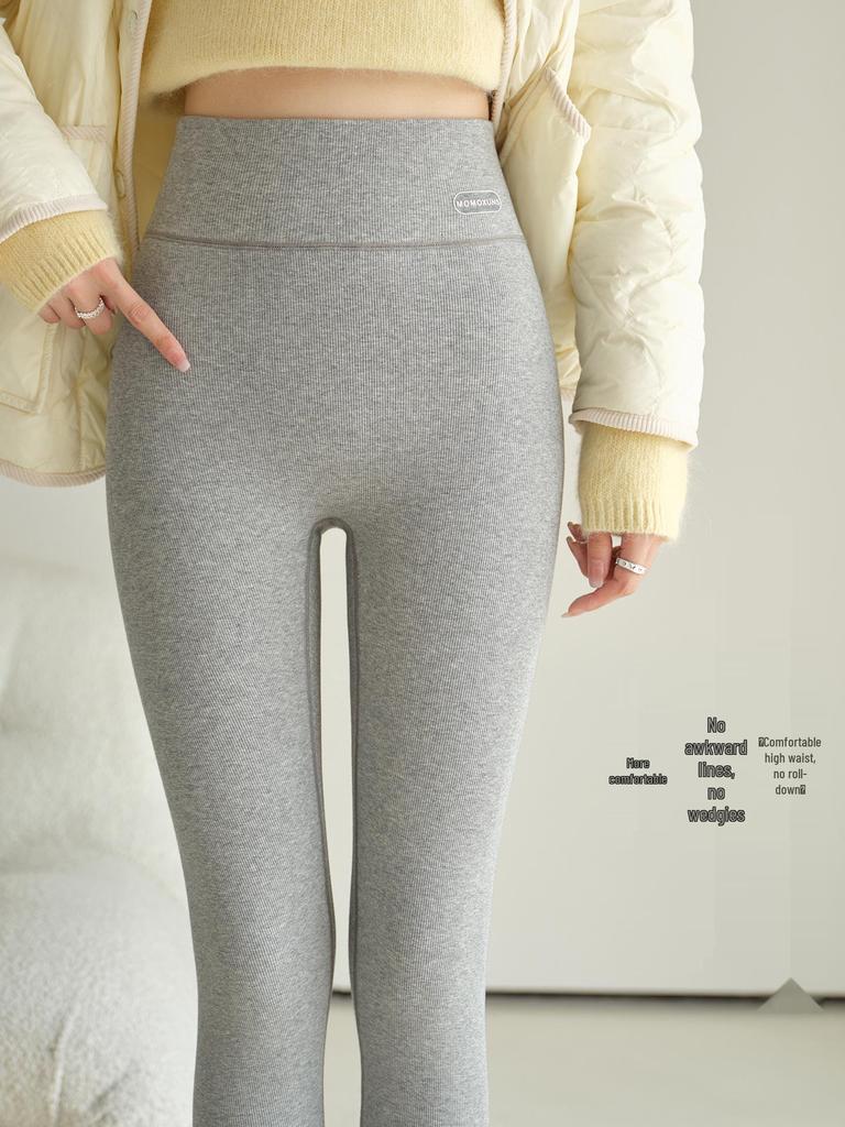High Waist Warm Fleece-Lined Leggings - Vertical Stripe, Matte, Slimming Cotton for Autumn/Winter