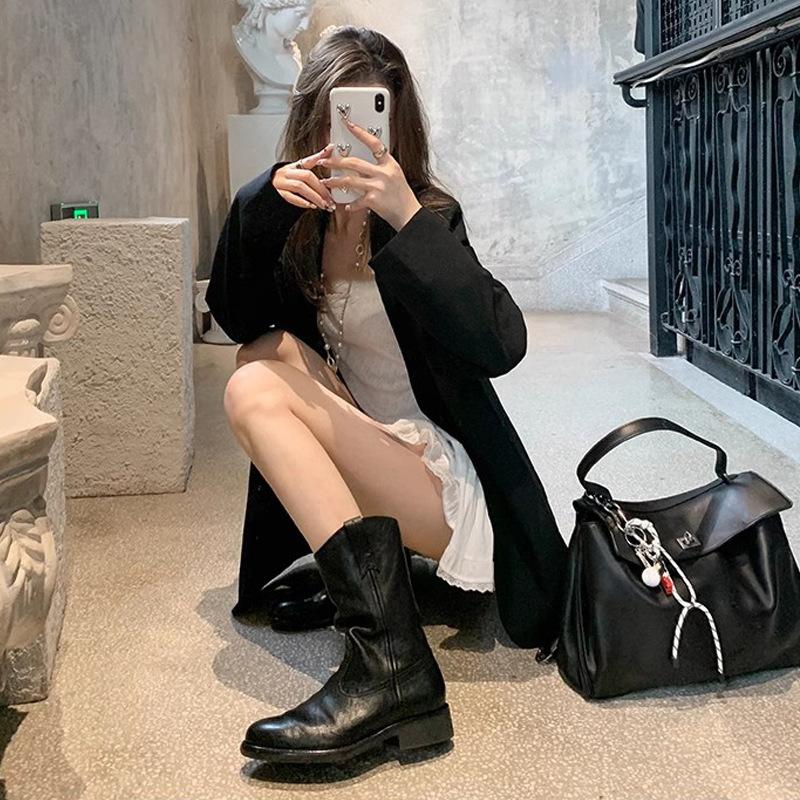 British style pointed V mouth thick heel western boots women's 2024 autumn and winter new retro medium heel versatile medium tube Martin boots