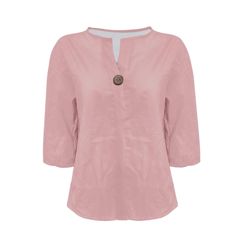 Été Nouveau T-shirt Ample Femme Col V Coton Chanvre Bouton Haut