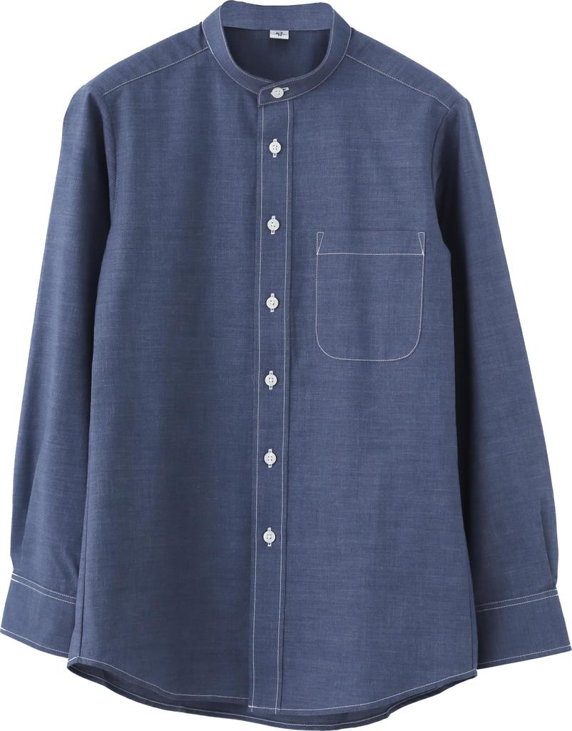 Seven Uniform GH7021-4 Indigo Blue Oxford Long Sleeve Stand Collar Shirt, Size LL