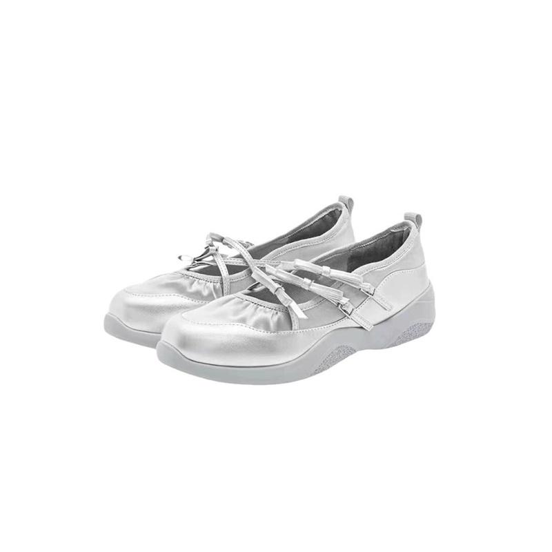 Modne Srebrne Buty Mary Jane dla Kobiet Trampki Modne Eleganckie Kokarda Pasek Krzyżowy Klamra Codzienne Miękka Skóra Platforma Buty Baleriny