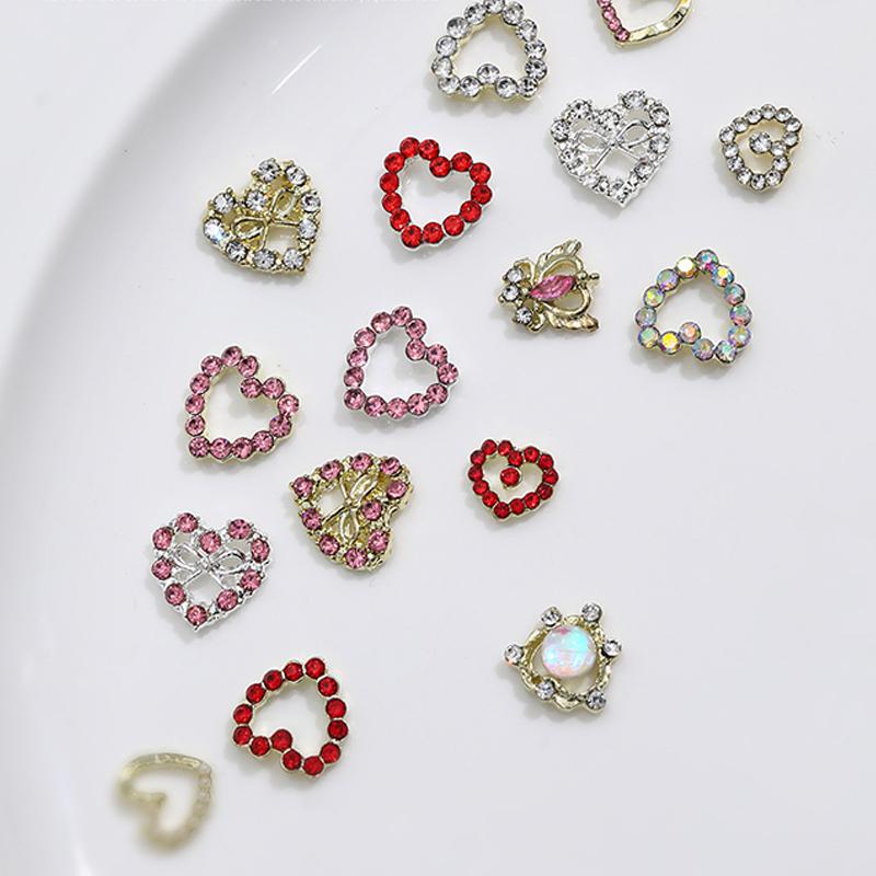 2Pcs 3D Loving Heart Shaped Nail Art Rhinestone Gems Charms Luxury Diamond Alloy Glitter Hearts Jewelry Nail Supplies Accessory