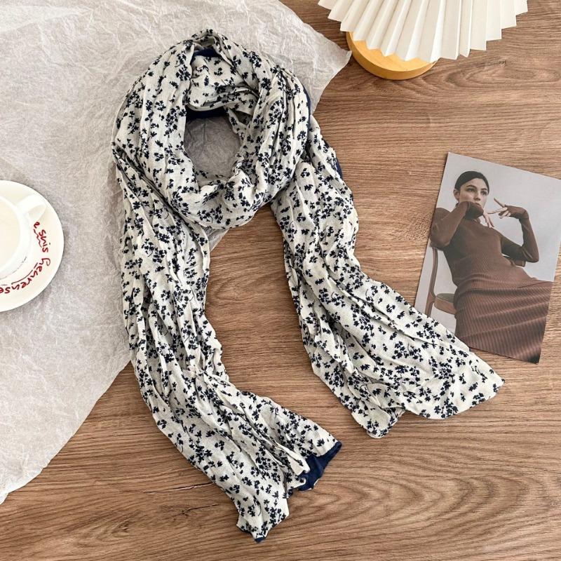 Cotton and linen scarf atmosphere new fashion retro floral pleated scarf scarf neck shawl