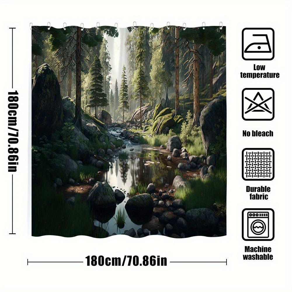 1 pièce Rideau de douche extra long Forêt et Ruisseau - Grand rideau de bain avec forêt de pins ensoleillée, rochers couverts de mousse et ruisseau