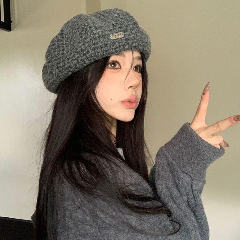 Knitted wool beret women's autumn and winter face small versatile painter hat big head circumference warm bud hat