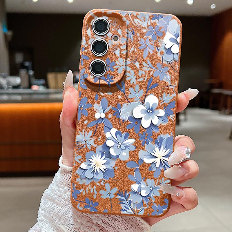 

Blue and White Flowers Pattern Case For Samsung Galaxy A57 A37 A17 A56 A36 A26 A16 A55 A35 A15 A54 5G Luxury Leather Texture Silicone Cover Samsung A55 коричневий