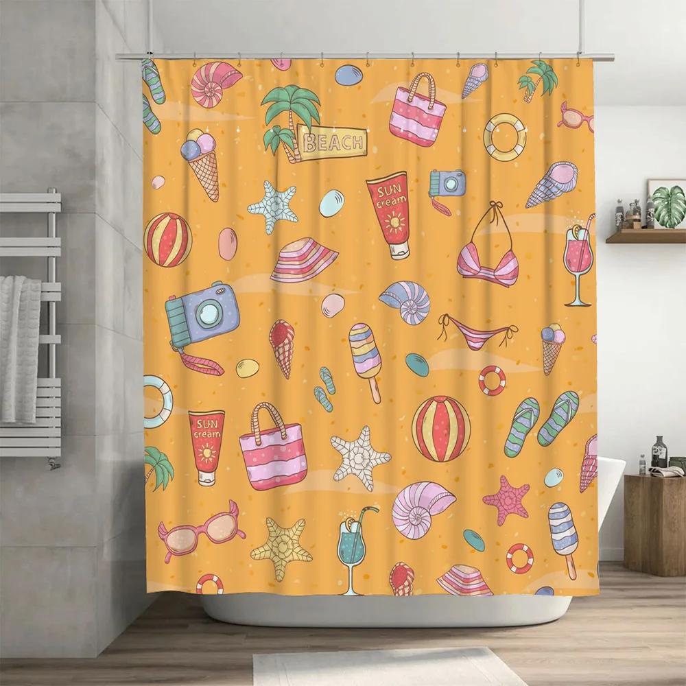 Summer Beach Shower Curtain with Colorful Accessories for Bathroom Decor Sunny Orange Print