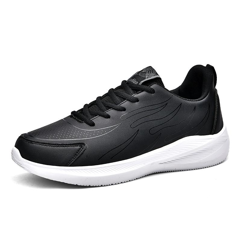 All-black sports men's shoes 2025 autumn and winter new leather waterproof and non-slip running shoes men's soft-soled casual shoes