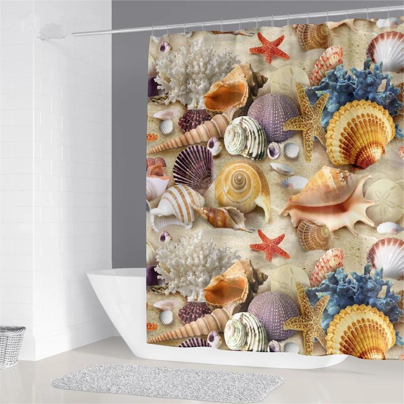 Starfish Beach Shower Curtains 3D Seashell Ocean Theme Waterproof Polyester Fabric Bathroom Decor with Hooks Bathtub Curtains