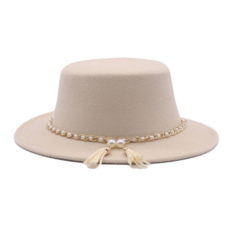 European, American and British Style Retro Fringed Pearl Chain Woolen Felt Hat Wide Brim Top Hat Flat Top Lady Hat Trendy Girl