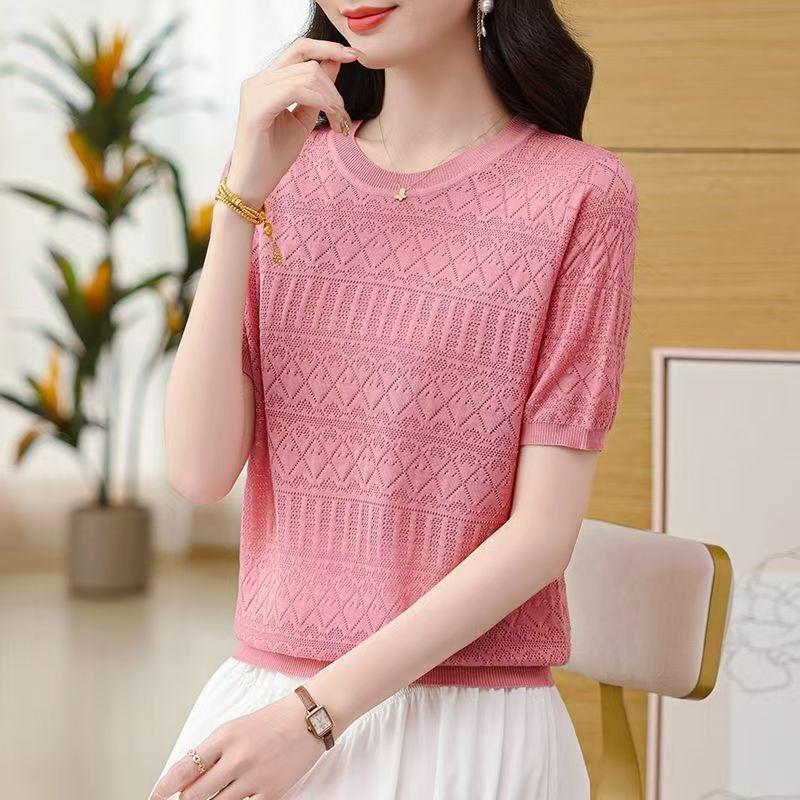 

Ice Silk Cutout Short-sleeved Knitted Sweater Women s Round Neck Jacquard Top Pullover Thin T-shirt Sun Protection Base Layer Worn Outside 3XL