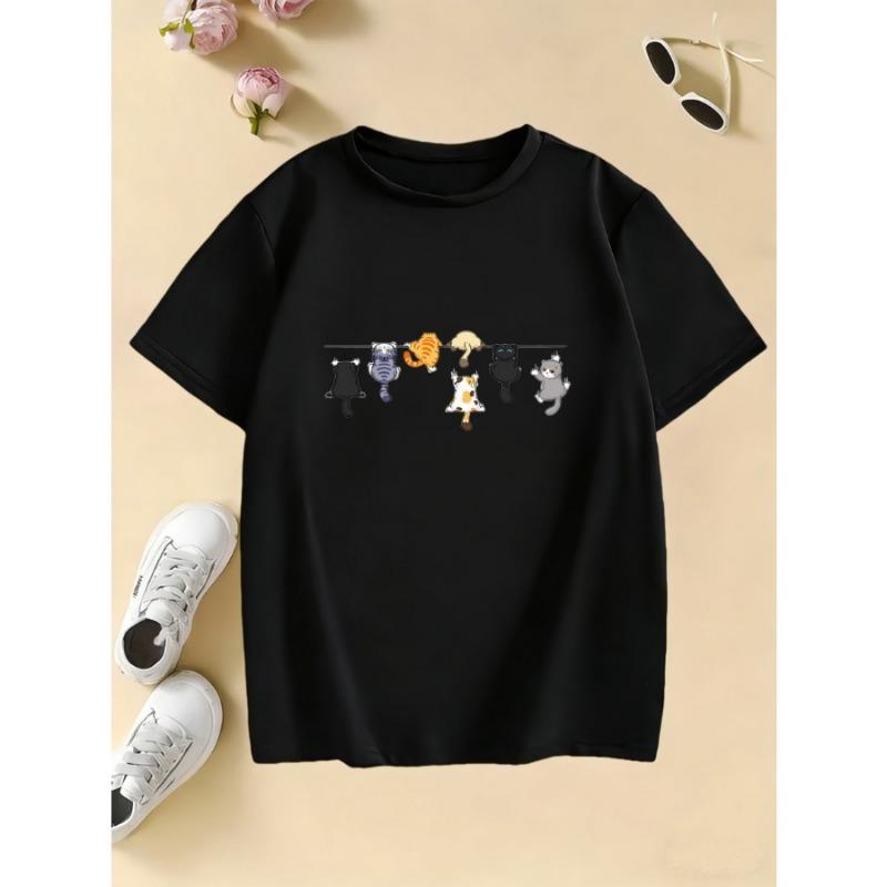 Short-sleeve Children's T-shirt for Boys and Girls, Summer Casual Top with Climbing Cat Pattern, Fashionable Design Printed T-shirt
