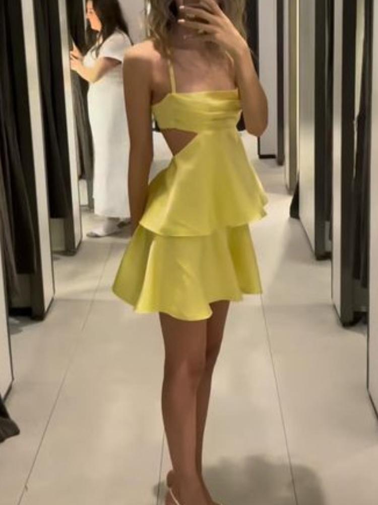 Sommer Sexy Solide Aushöhlen Mini Kleid Süße Y2k Backless Streetwear Kleider Weibliche Mode Chic Schlank Falte Strand Party Kleidung