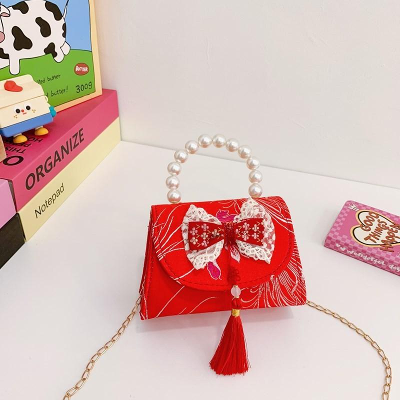 Red Fashionable Lightweight Childrens Bag With Playful Bow And Pearl Detail Girls For
