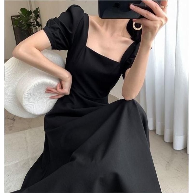 Summer Short Sleeve Square Neck Elegant Women Dress Fashion Loose Slim Fit Casual Office A-line Party Dresses Female Simple Solid Color Woman Clothing