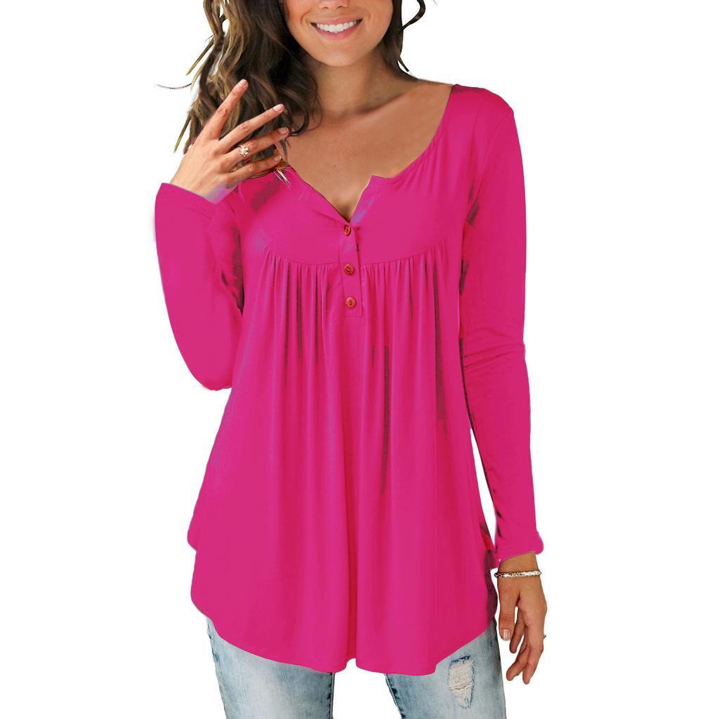Women's Casual Loose Solid Color Long-sleeved Loose  Button Pleated Top