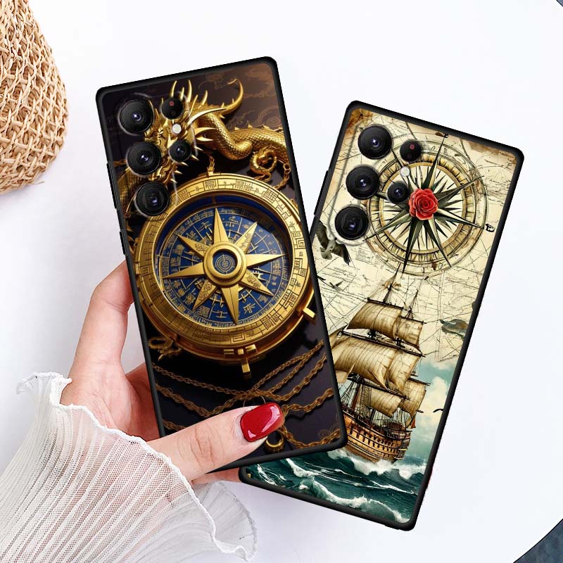 Vintage compass illustration For Samsung Galaxy S26 S25 S24 S23 S22 S21 S20 Ultra Plus FE 5G Black Soft TPU Phone Case