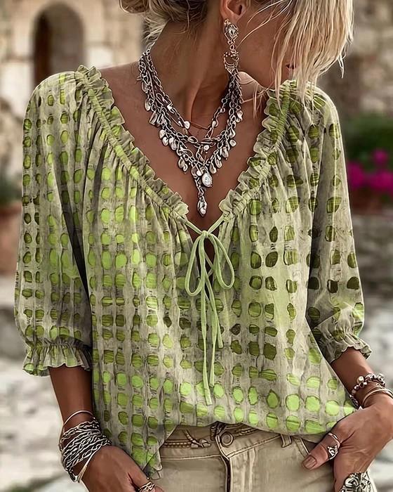 Damen Bohemian Bedruckte Puffärmel Bluse V-Ausschnitt Krawatte Vorne Rüschen Lässig Lockerer Schnitt Urlaubs Oberteil