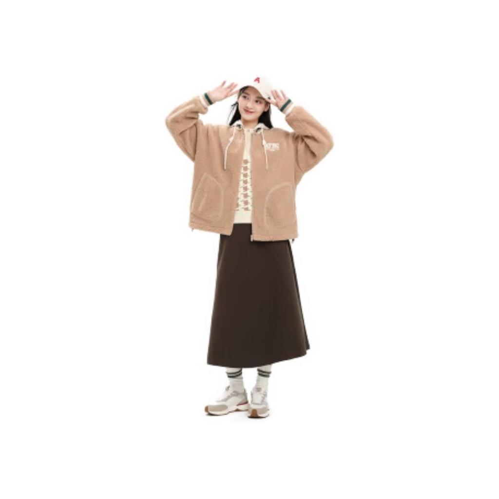 Anta Lifestyle Series Letter Color Block Zipper Hooded Thick Jacket Women jackets Camel Milk-Tea 162348712-3