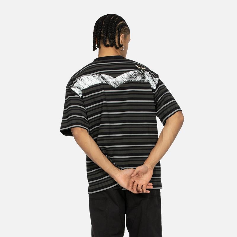 Evisu SS24 Multi-Embroidered Stripe Short Sleeve T-Shirt Men Tops Black 2ESHTM4TS8056LFCT