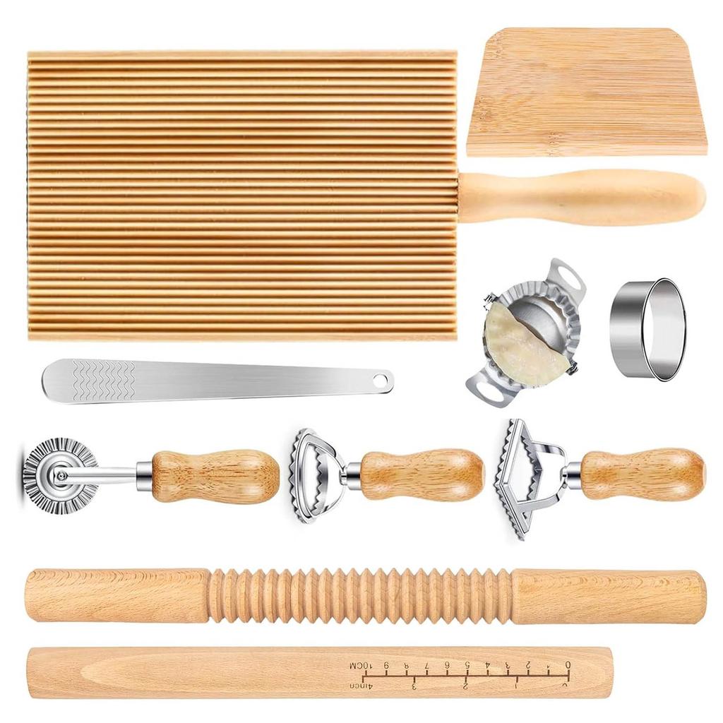 Wood Threaded Rolling Pin Pasta Tool Set Dough Scraper Gnocchi Board Dumpling Maker Ravioli Stamp Cutter Wood Texture