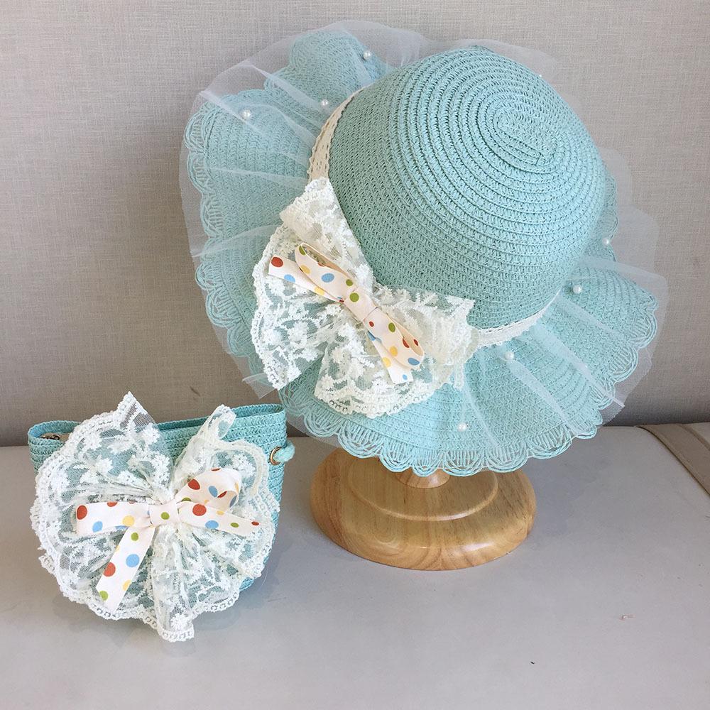 Girls Summer Lace Princess Straw Hat With Bag Set UV Protection Sunshade Beach Cap For Baby Toddler Outdoor Travel