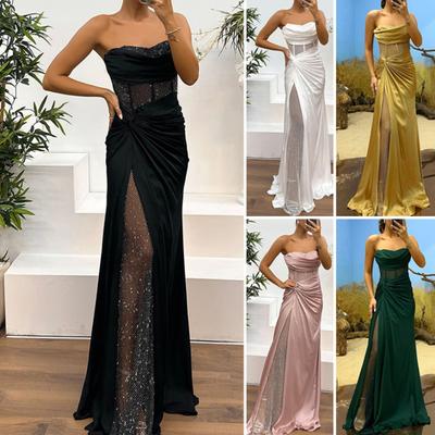 Bayan Abiye Elbise Bandeau Omuzdan Bağlamalı Kolsuz Pileli Düğüm File Patchwork Parlak Pullu Balo Elbisesi Saten Yer Boyu Ziyafet Balo Uzun Elbise