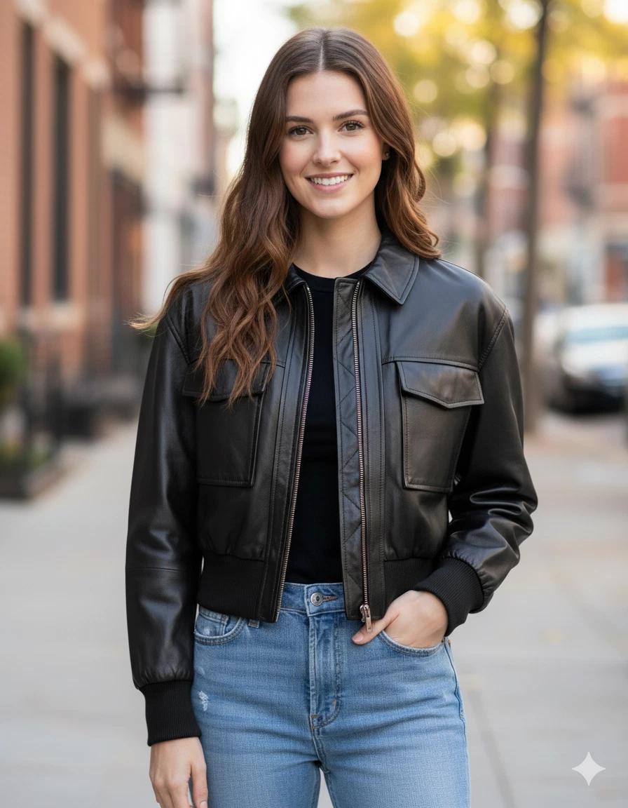 

Куртка Натуральная Женская Ручной Работы Бомбер Ягненок Черная Носить Повседневная Стильная Кожаная 3XL чёрный