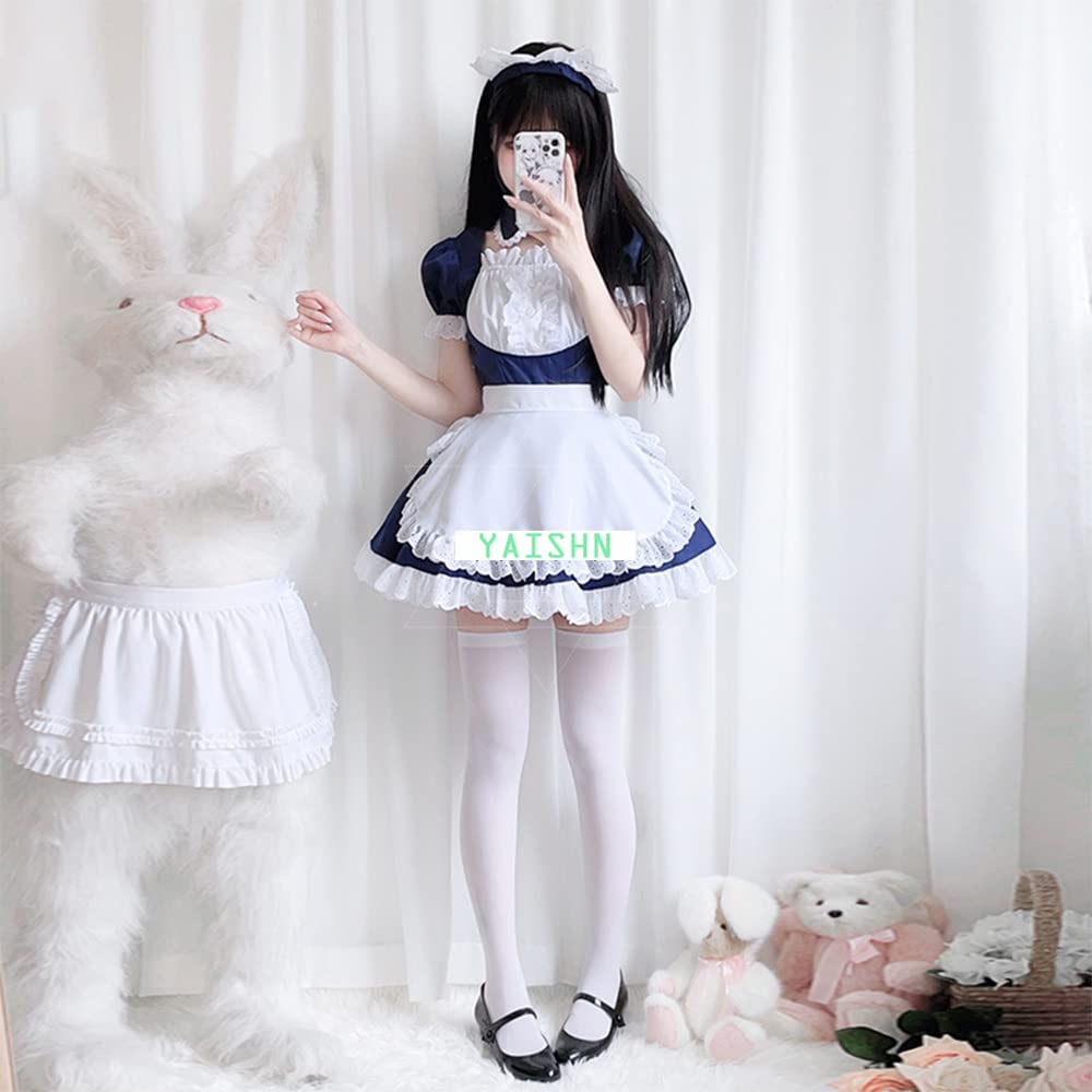 [YAISHN] Slúžkovský kostým, Halloweensky kostým, Gotická Lolita, Populárny, Náhrdelník, Modrý jednodielny, Dámsky, Roztomilý, Lolita Cosplay, Krátky rukáv, Čelenka,