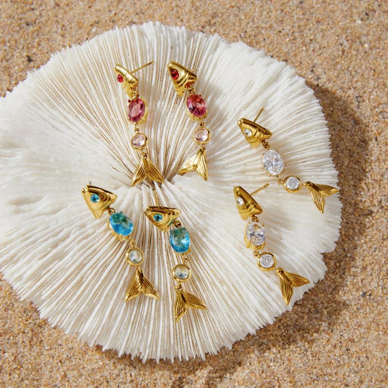 Elegant Gold Plated Zircon Fish Earrings Minimalist Drop Design For Women Stylish Accessory