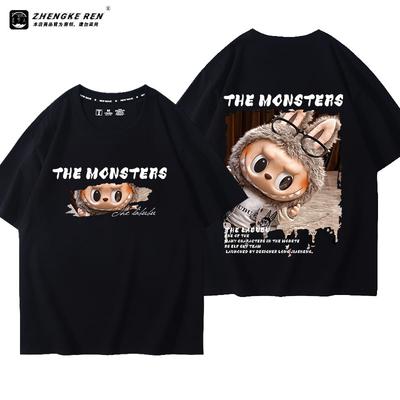 Camiseta LABUBU The Monsters con estampado de dibujos animados, algodón puro, manga corta, ropa informal versátil para parejas, regalo para adultos