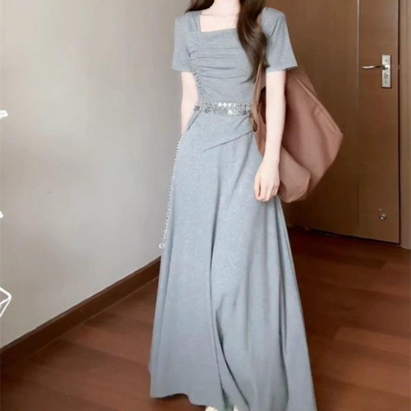 

Lazy style fashion wear suit summer new irregular square collar T-shirt top women s half-length skirt two-piece set 5xl (recommended 90-100kg )