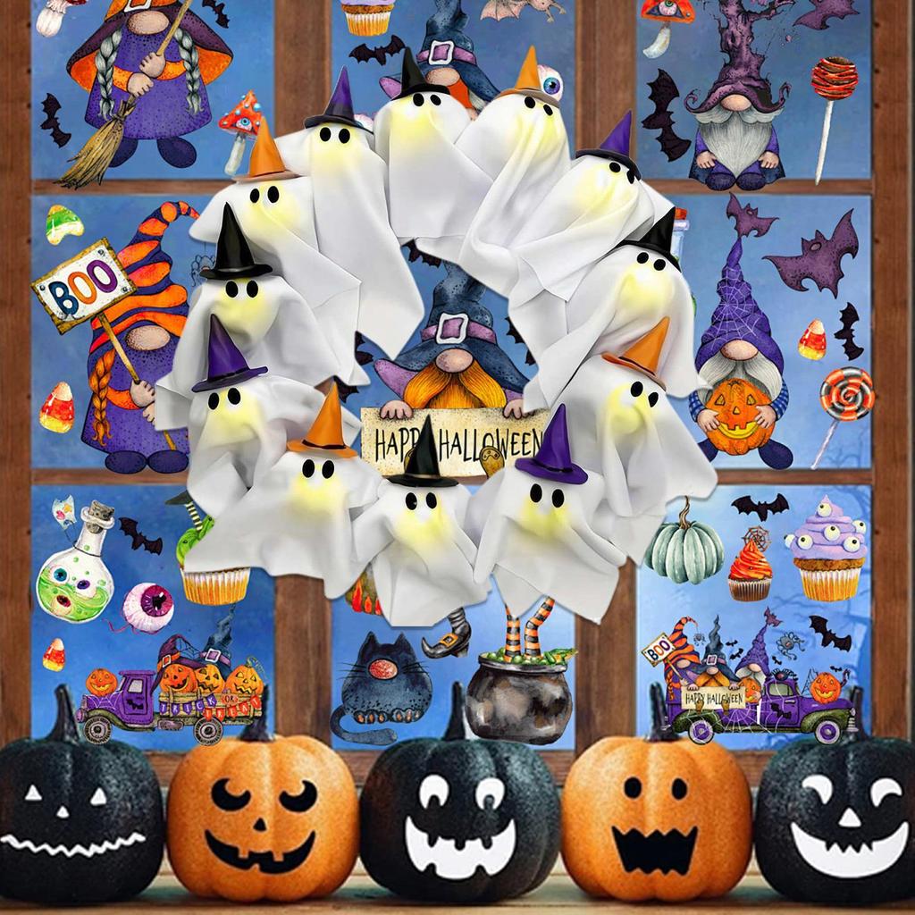 Ghost Wreath 12-LED Ghost Halloween Front Door Decoration Cute Scary Decor Home Party Decoration for Balcony Wall Lawn Patio