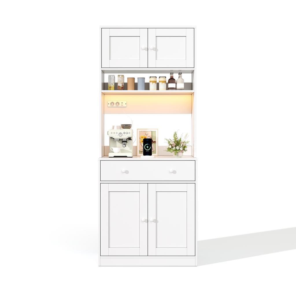180 Cm Kitchen Cabinet, Tall Cabinet with LED, Kitchen Shelf with Socket, Spice Rack and Large Drawer for Kitchen, Dining Room & Living Room