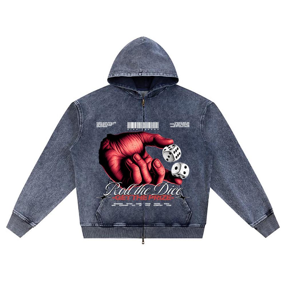 

DTG print Knitted Denim Zip-Up Hoodie Roll The Dice Brother Print Zipper Hoodies XL темно-синий