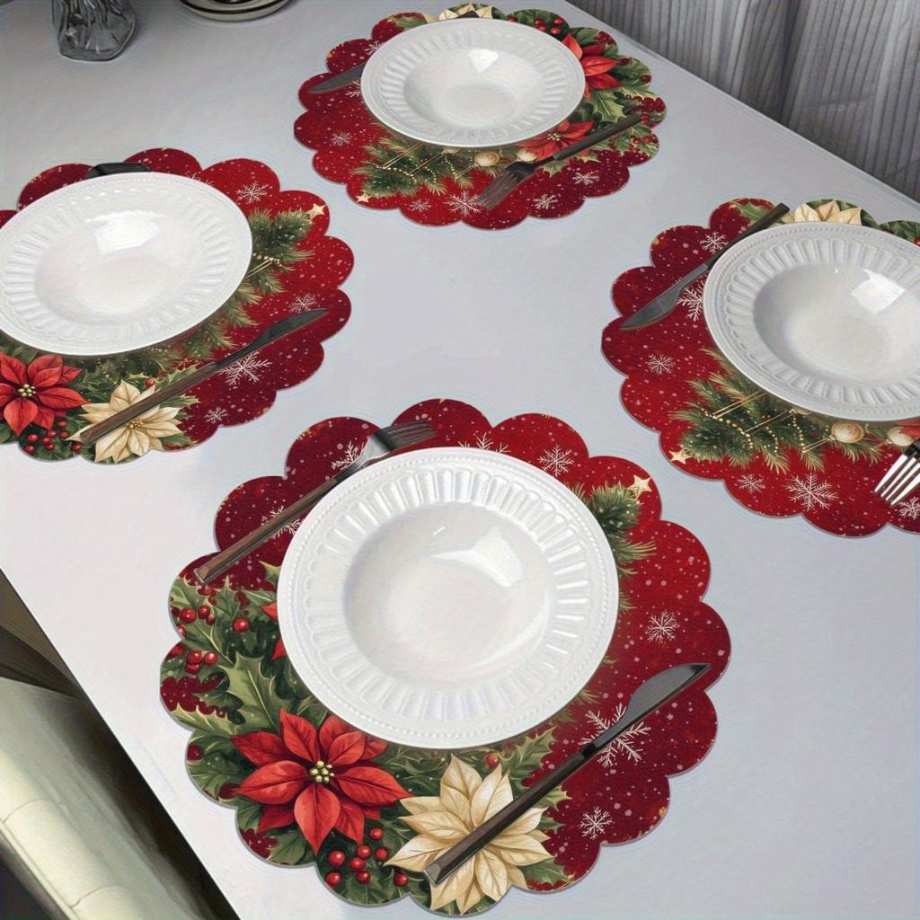 4PCS Christmas Placemats Non Slip Heat Resistant Circular Waves Design Winter Christmas Dining Wedding Party Table Decoration