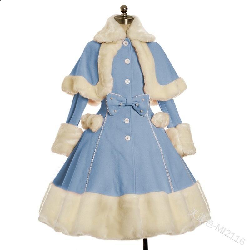 Autumn and Winter Women's  Dress Lolita Dress Girl Skirt Winter Burr Lapel Cape  Waist Closing Thickened Princess Dress Vintage Lolita Dress