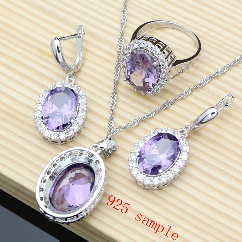 Purple Gem Amethyst 925 Silver Jewelry Sets Earrings Rings Accessories Women Wdding Monkey Necklace Set