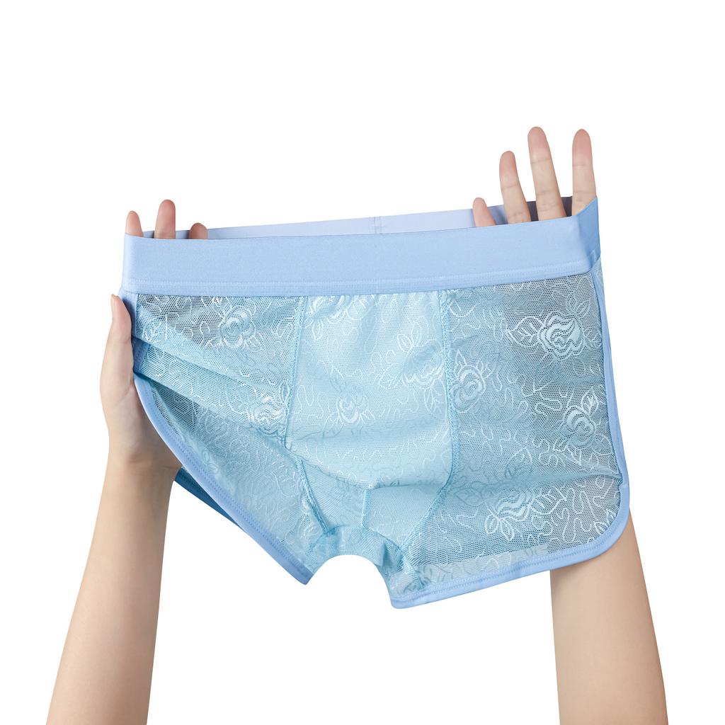 Men's Summer Sexy Lace Rose Ice Silk Thin Mesh Gauze Breathable Cool Quick Dry Flat Angle Underwear