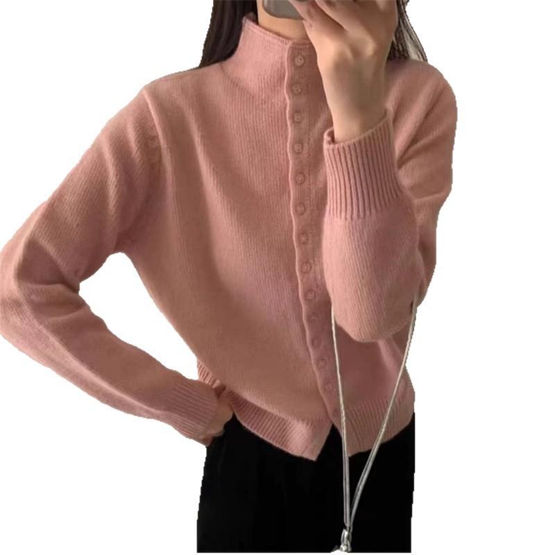 Autumn and winter new semi-turtleneck button soft waxy knitted cardigan women's outer with solid color long-sleeved sweater jacket