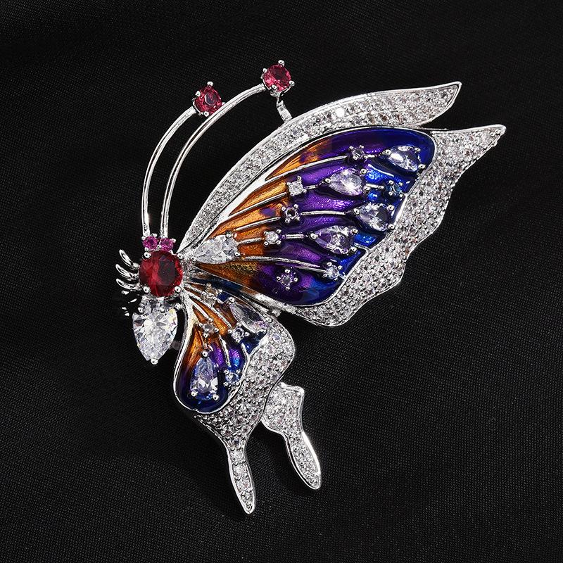 New arrivalcolorfulelegance dripping oil painted butterfly two-color brooch casual inlaid zircon corsage серебряный