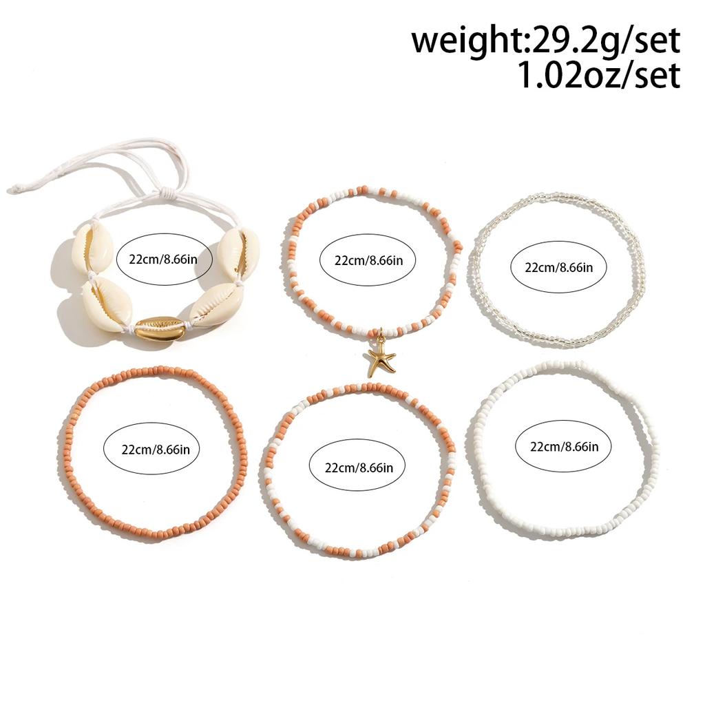 New 6Pcs/Set Boho Seed Beads Elastic Chain Anklet for Women Summer Beach Kpop Starfish Pendant Ankle Barefoot Jewelry Gift