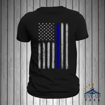 Police Thin Blue Line Flag Vertical Brushed Design Men's T-Shirt and Kids Tshirt