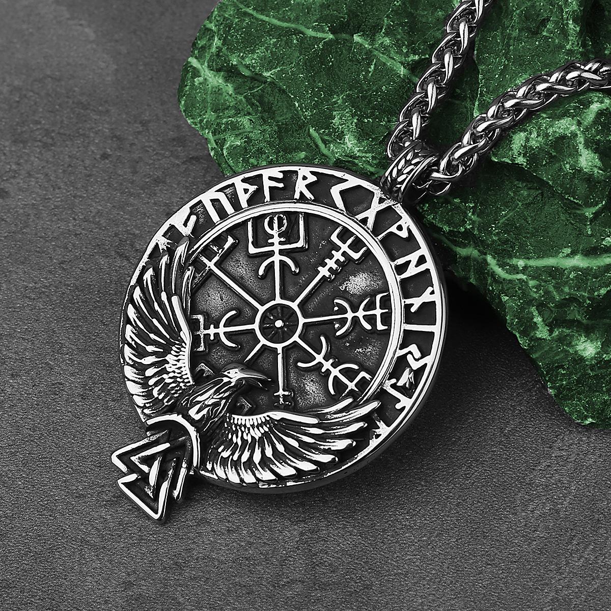 

316L Stainless Steel Viking Rune Nordic Odin Crow Pendant Necklace For Men Vintage Jewelry Accessories