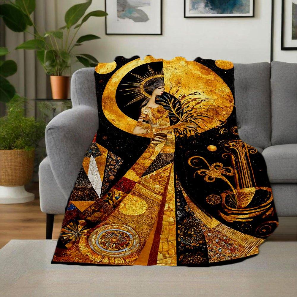 Golden Goddess Wall Art: Celestial Elegance DecorBlanket Flannel Throw Blanket for Sofa, Bed, Travel, Camping, Office, Couch, Chair, And Bed