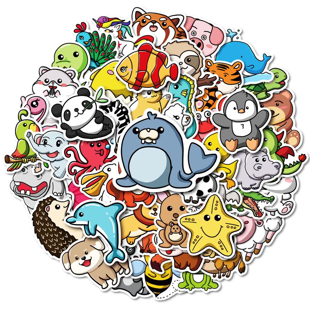 50 Cartoon Animal Doodle Waterproof Decorative Stickers for Children Reward Stickers