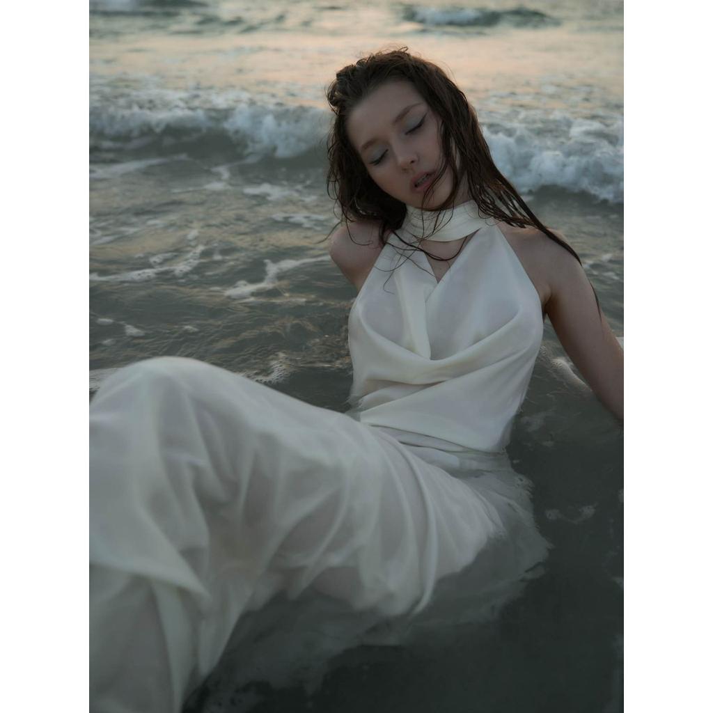 Summer New Satin Halter Dress Women's Sexy V-neck Backless Slim Fit Long Maxi Dress European American Crossbody Women's Clothing