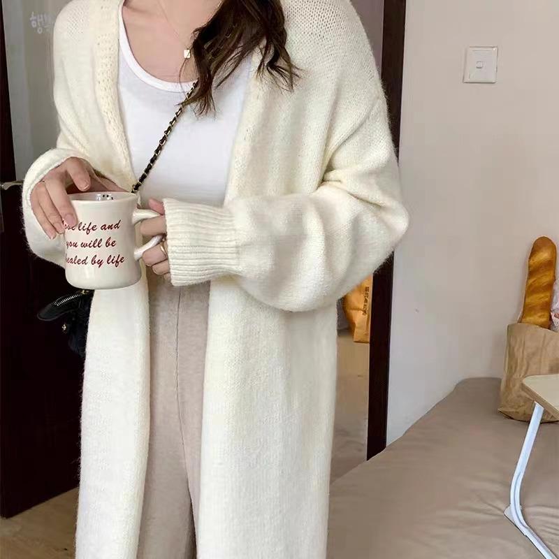 Autumn Winter Knitted Cardigan Women Medium and Long Sweater Jacket Gentle Loose Simple V Neck Cardigans Solid Color Office Coats Long Sleeve Clothing
