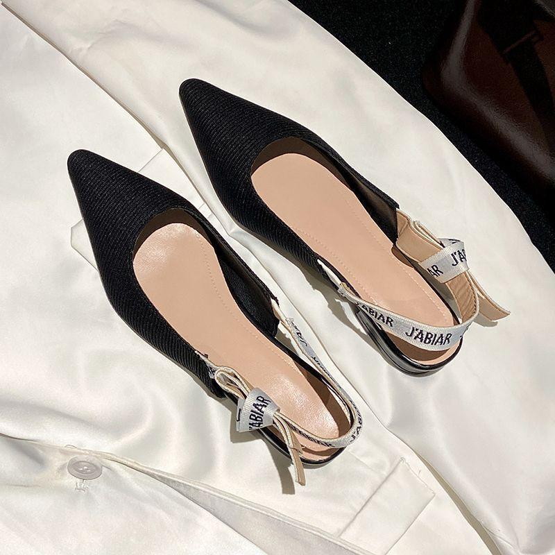 European and American retro pointed head light mouth back empty flats letter bow knitted sandals women's 2025 summer and autumn new models