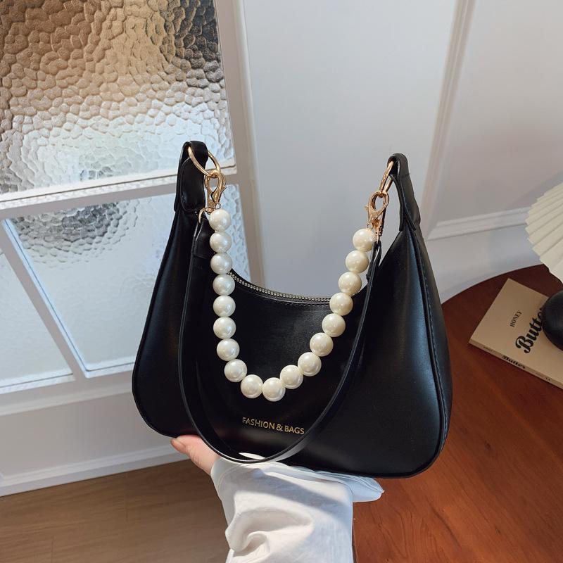 Pink Soft Leather Hobo Shoulder Bag For Women Elegant Style Underarm Bag With Pearl Decorated Chain And Wide Strap For Daily Use